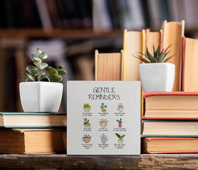 kunlisa Gentle Reminders Mental Health Funny Potted Plant Wooden Box Sign Desk Decor,Rustic Wood Block Plaque Box Sign for Therapy School Counseling Office Wall Shelf Tabletop Decoration