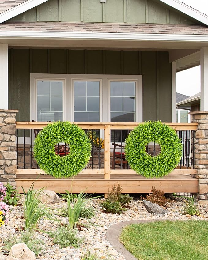 DDHS 28 inch Boxwood Wreath, Artificial Large Spring Wreaths for Front Door with Yellow Sash can DIY Shaped, Summer Wreaths for Hanging in the Shop, Farmhouse, Roof Green Everyday Wreath Home Decor