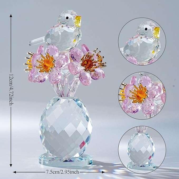 Crystal Bird & Forget-Me-Not Flower Figurine,3x4 inch Glass Flower Collectible Ornaments for Home Decor Table Centerpiece Glass Bouquet Flowers Keepsake Gifts for Women （Pink）