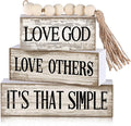 Moucuny 4 Pcs Christian Table Decor Rustic Wooden Block Sign Set with Love God Love Others It's That Simple Farmhouse Stacked Decor with Beaded Garland Tassel Christian Home Decorations for Home Shelf