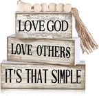 Moucuny 4 Pcs Christian Table Decor Rustic Wooden Block Sign Set with Love God Love Others It's That Simple Farmhouse Stacked Decor with Beaded Garland Tassel Christian Home Decorations for Home Shelf