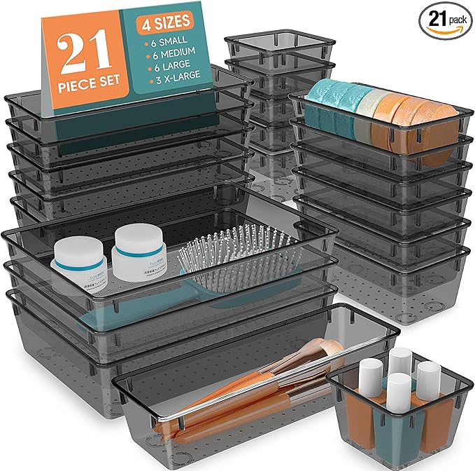 WOWBOX 21 PCS Clear Plastic Drawer Organizer Set, 4 Sizes Desk Drawer Divider Organizers and Storage Bins for Makeup, Jewelry, Gadgets for Kitchen, Bedroom, Bathroom, Office, Black