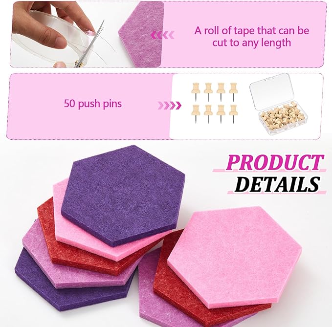 Mindsoft 16 Pcs Hexagon Cork Board for Walls with 50 Wooden Push Pins 6.7 x 5.9 in Felt DIY Tiles Notice with Nano Tape Hanging Bulletin Board for Home Photo Office Memo Note (Gradual Purple)