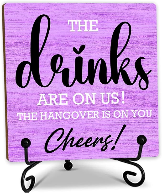 Bar Decor Signs For Home Bar - Drinks - Table Desk Shelf Decorations 5" Wood Plaque With Stand For Home Coffeebar Set Accessories(Purple)- E02