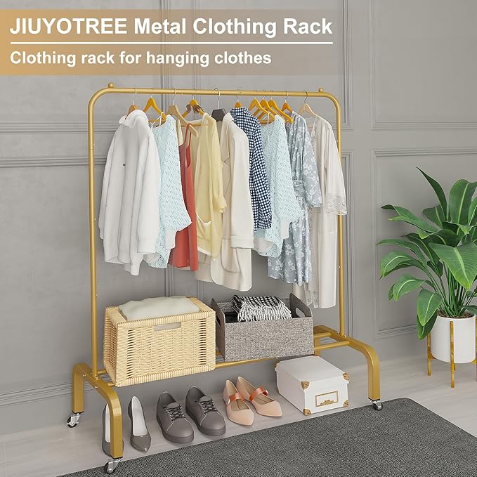 JIUYOTREE Metal Clothing Rack with Wheels 43.3 Inches Rolling Clothes Garment Coat Rack with Bottom Shelf Clothing Rack for Hanging Clothes Coats Skirts Shirts Sweaters Gold