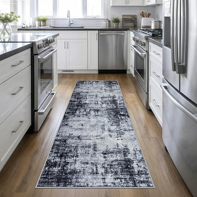 Washable Area Rug 3x10 Entryway Rug: Washable Modern Abstract Soft Thin Rug Indoor Floor No Slip Stain Resistant Carpet for Bedroom Dining Room Farmhouse Nursery Home Office - Dark Black