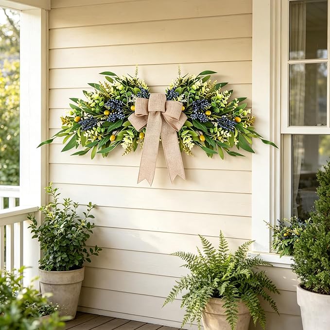 Floral Swag for Front Door Greenery Teardrop Swag Artificial Eucalyptus Olive Leaves Mixed Berry Swag with Bow Summer Wreath for Farmhouse Wedding Arch Party Wall Home Indoor Outdoor Holiday Decor