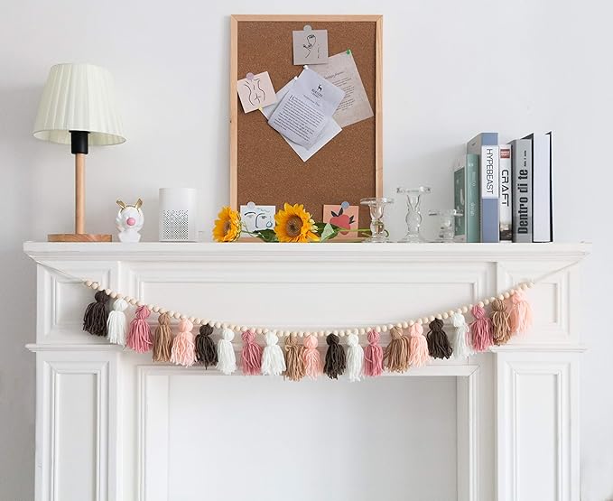 Tassel Garland - Boho Tassel Garland with Wood Beads - Wall Decor for Dorm, Girls Room and Nursery Room (50 inch)