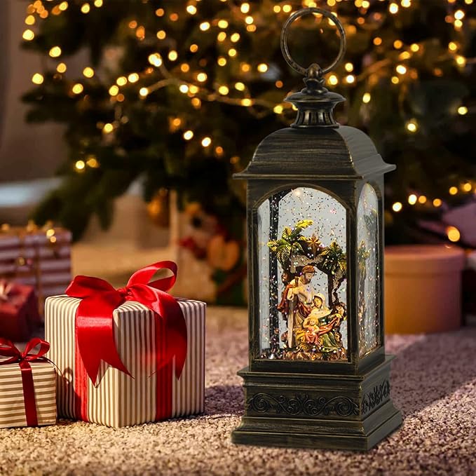 Christmas Snow Globe Swirling Glittering Nativity Scene with Timer & Music, Lighted Water Lantern USB Lined/Battery Operated for Christmas Festival Decoration Gifts - 11.4 inch (Jesus)