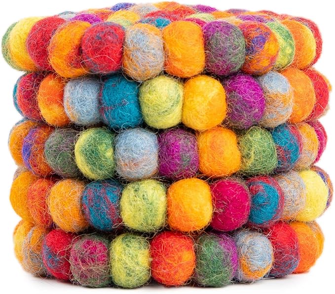 Round Felt Ball Coasters - Wool Table Coasters - Felt Coaster Pads, Absorbent Trivet for Drinks - Heat Resistant, Thick & Durable Hand Felted in Nepal by Woolygon- Multi-Color - Set of 5