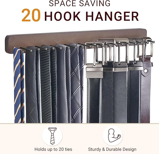 Mkono Tie Rack Wall Mounted Belt Hanger Holder Rustic Wood Tie Organizer for Men Closet Max up 20 Storage for Ties Belts Scarf