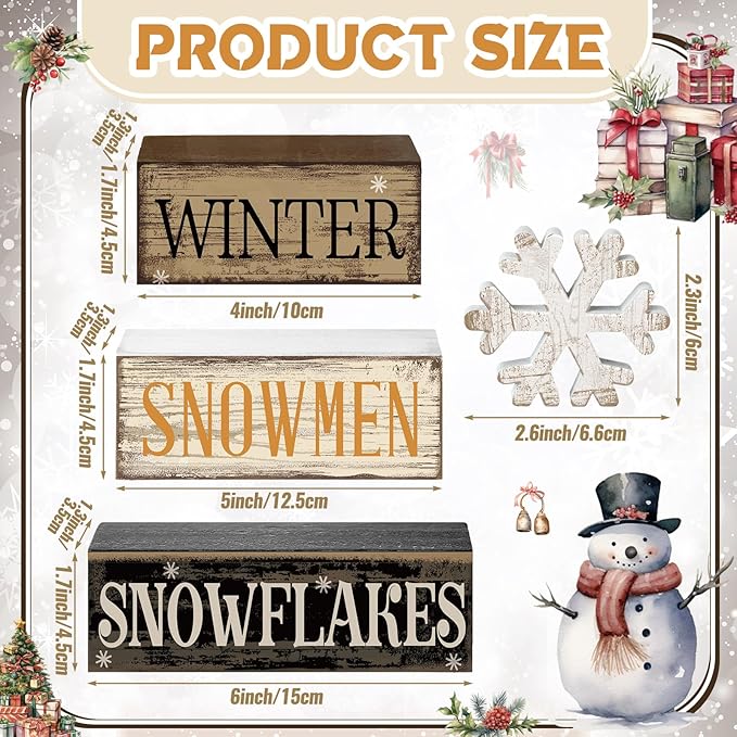 Moucuny 4 Pcs Winter Table Decorations Wooden Snowflake Decor Christmas Tiered Tray Decor Rustic Snow Block Signs Gift Farmhouse Christmas Centerpiece for Winter Wonderland Party Kitchen Shelf Home