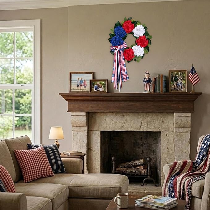 20 Inch Patriotic Front Door Wreath for July 4th Independence Day and Memorial Day, Artificial Red White Blue Hydrangea Wreath with USA Flag-Themed Long Bow