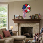 20 Inch Patriotic Front Door Wreath for July 4th Independence Day and Memorial Day, Artificial Red White Blue Hydrangea Wreath with USA Flag-Themed Long Bow