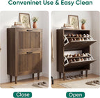 Smuxee Walnut Shoe Cabinet with 2 Flip Drawers, 23.6" Hidden Shoe Storage Cabinet with Small Fluted Doors, Freestanding Shoe Organizer Cabinet for Entryway, Hallway, Living Room