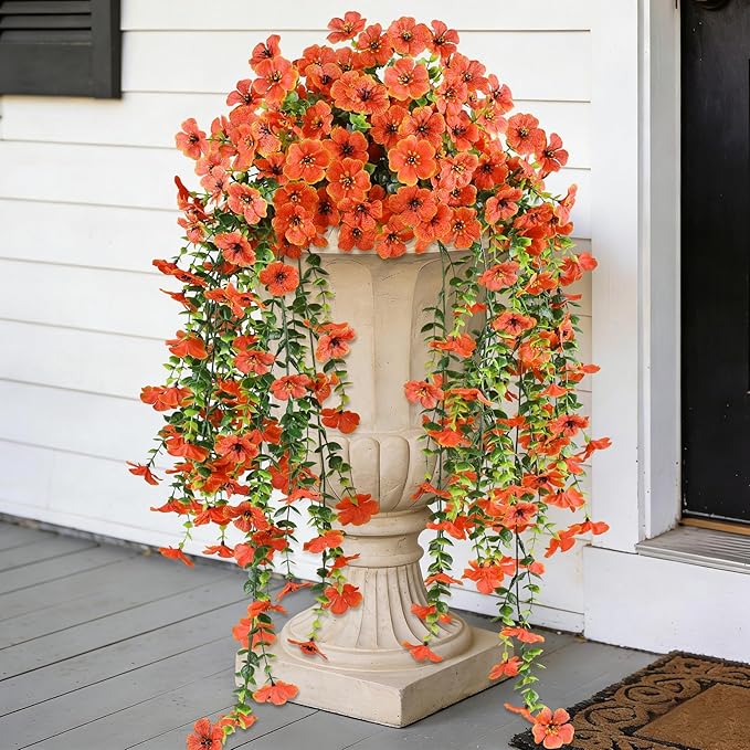 Artificial Hanging Flowers for Outdoors,2 Bundles Silk Fake Fall Flowers for Outside, Realistic Faux Plants for Hanging Baskets, Planters-Porch, Patio, Yard Decor(Orange)