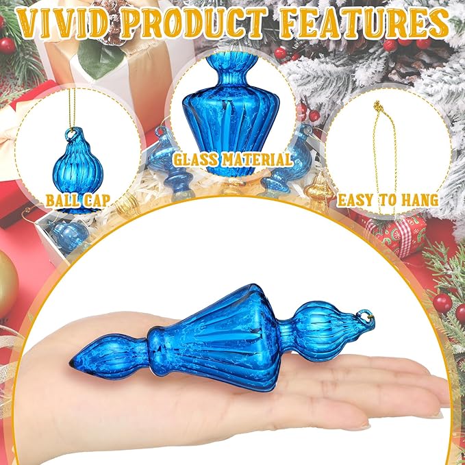 Mifoci 8 Pcs 6 Inch Mercury Glass Finial Christmas Ornaments Hanging Christmas Finials Glass Ornaments Assorted Mercury Decor for Vintage Holiday Xmas Tree Decoration(Blue, Gold)