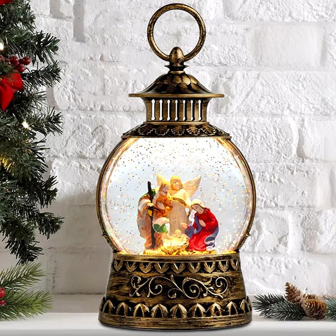 Christmas Nativity Snow Globe, Nativity Musical Snow Globe Lantern Lights with 6H Timer Battery & USB Powered, Retro Style Holiday Glitter Globe for Xmas Home Decoration Holiday Party Gifts