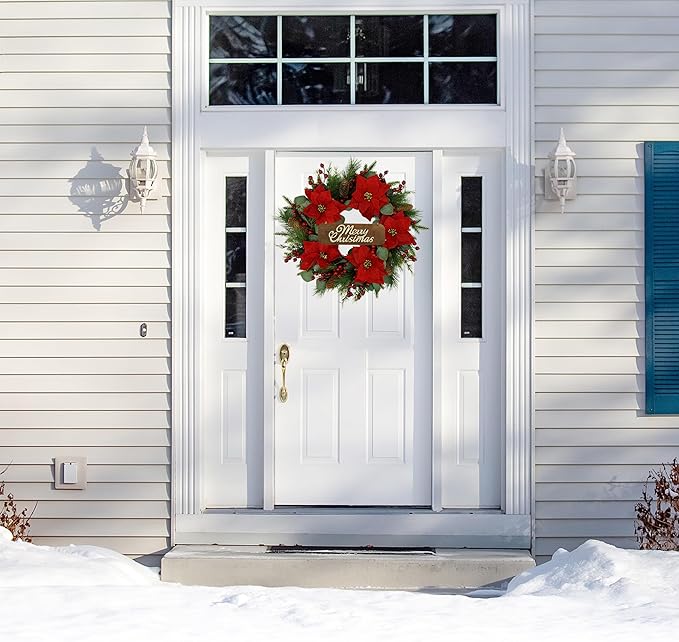 AMF0RESJ 20 inch Artificial Christmas Wreath Winter Wreath with Poinsettia,Eucalyptus Leaves,red Berry,Pine Cones,Pine Needles for Indoor Outdoor Farmhouse Home Wall Window Festival Wedding Decor