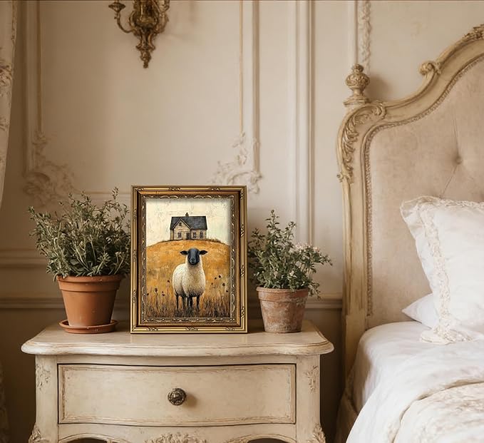 Vintage Gold Framed Wall Art Retro Country Sheep Oil Painting Canvas Prints Farmhouse Landscape Picture Wall Decor Rustic Farmhouse Animal Poster Artwork for Living Room Bedroom Bathroom, 12x16in