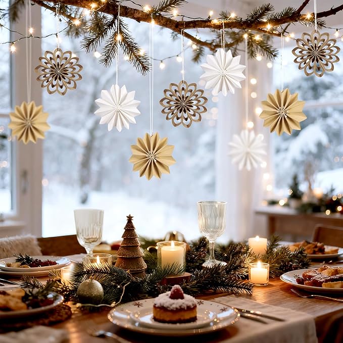 EASY JOY 9Pcs Christmas Hanging Decorations - 3D Paper Christmas Tree Hanging Decor Log White Snowflake Ornaments Christmas Decorations Outdoor Indoor for Xmas Party,Boho Home,Window Door Decor