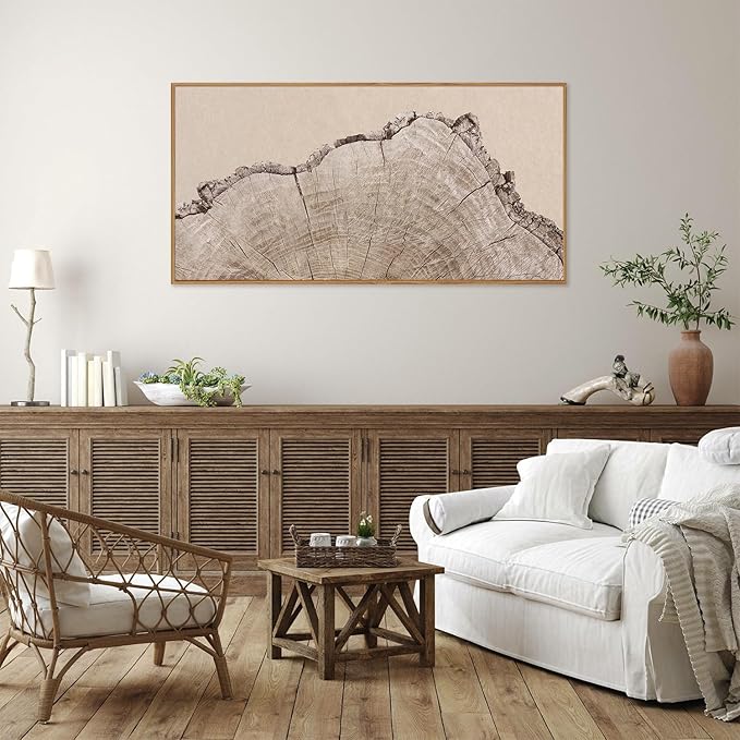SIGNINART Large Tree Ring Framed Canvas Wall Art, Rustic Beige Nature Wooden Wall Decor, Neutral Wood Stump Artwork, Modern Art Prints for Bedroom Living Room Office 20"x40"