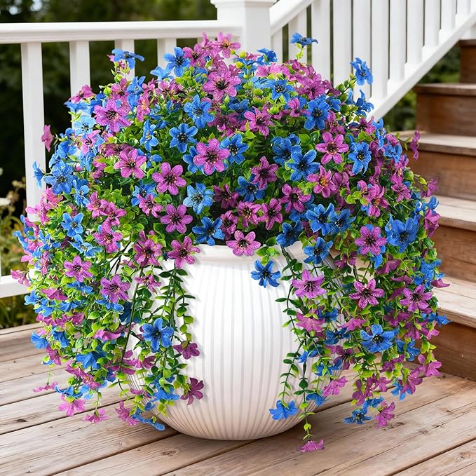 Artificial Hanging Flowers for Outdoors, 2 Pcs Fake Hanging Plant Spring Summer Decoration, UV Resistant No Fade Faux Flower for Porch Patio Yard Window Home Decor(Purple Blue)