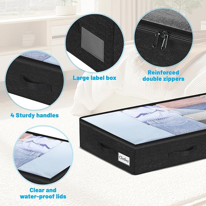 4 Inch Low Profile Under Bed Storage Drawer 2 Pack, Lightweight Underbed Clothes Storage Container Bins with NO STURCTURE, Shallow Storage Bag for Dorm & Home, With Clear Lids & Water-Resistant Fabric