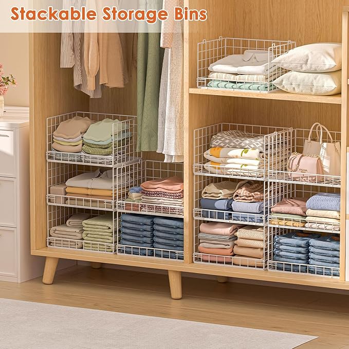 8-Tier Stackable Closet Organizers and Storage Shelves, Foldable Closet Shelf Organizer, Stackable Storage Bins Drawers for Closet Organizer System, White(Patent Pending)