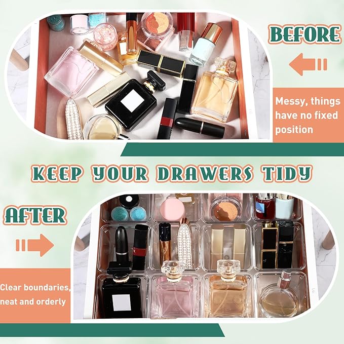 Tioncy 8 Pcs Stackable Clear Drawer Organizer Set 3" x 3" x 2" Small Makeup Vanity Storage Bins Office Desk Drawer Dividers Container Organization for Makeup Vanity Office Bathroom Kitchen Utensil