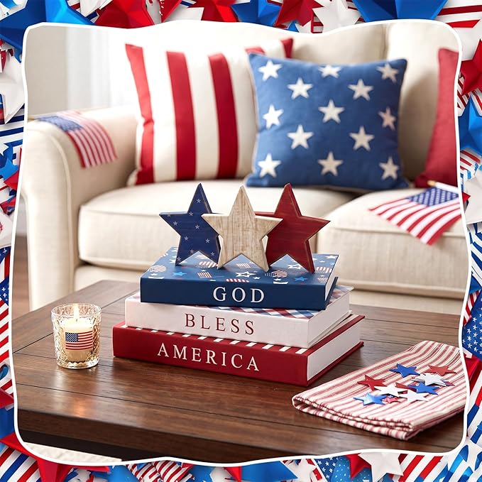 Thyle 4th of July Fake Decorative Books Wooden Star Table Signs Faux Stars Patriotic Decor Farmhouse Decoration Books for Independence Day 250th Anniversary Party Office Home Shelf Table Decor
