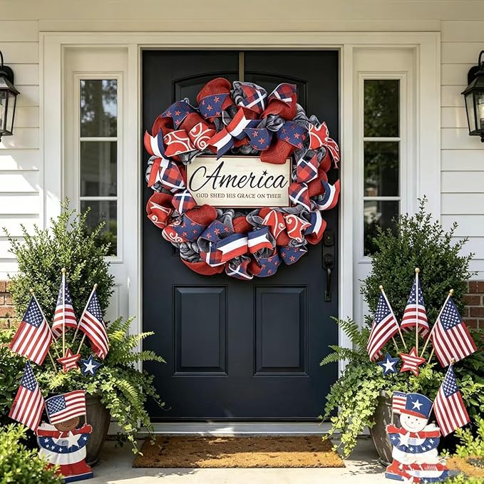 4th of July Decorations Outdoor Patriotic Wreaths for Front Door 250th Anniversary Decorations Red White and Blue American Flag Wreath (America 2)