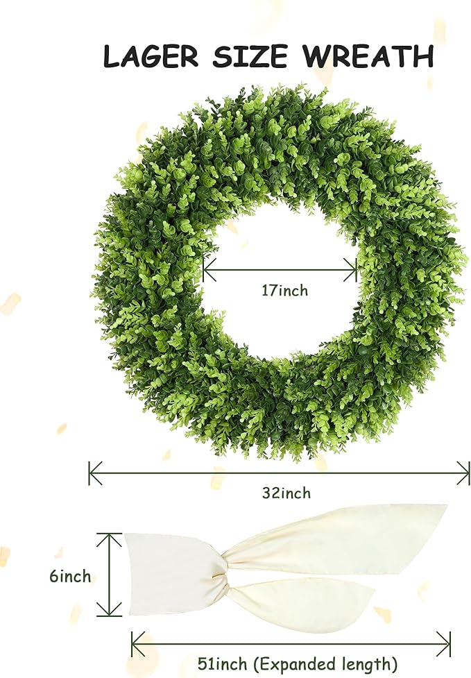 DDHS 32 inch Boxwood Wreath, Artificial Large Summer Wreaths for Front Door with Yellow Cloth can DIY Shaped, Spring or Summer Wreaths for Hanging in the Shop, Farmhouse, Roof Green Wreath Decoration