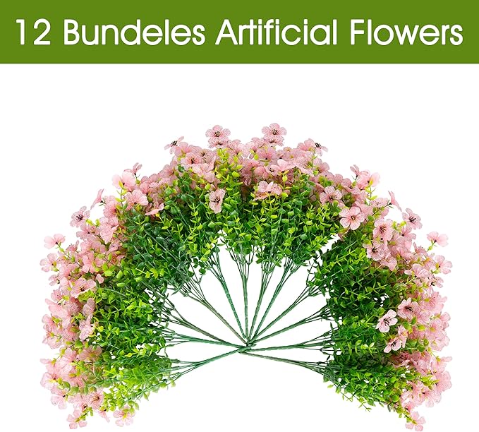 Artificial Faux Flowers Plants for Outdoors Spring Summer Decoration,12 Bundles Realistic Fake Flowers Plant Greenery Silk Daisy UV Resistant for Outside Planters Porch Patio Balcony Garden Home(Pink)