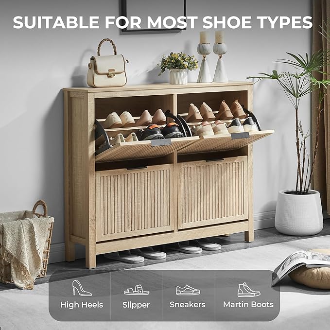 4 Flip Drawers Shoe Cabinet Storage for Entryway, Narrow Hidden Wood Shoes Organizer Cabinet Front Door Entrance Thin Free Standing Front Door Shoe Rack Storage for Entryway(Oak)