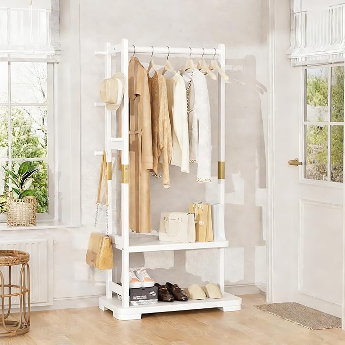 Solid Wood Clothes Rack with 2 Shelves & 4 Hooks for Hanging Clothes Garment Wallets Hats, White Clothing Rack Heavy Duty Coat Rack Freestanding with Storage Hall Tree for Hallway Bedroom Living Room