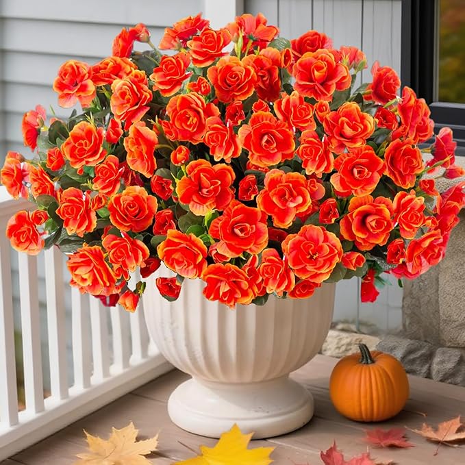 HyeFlora Artificial Faux Outdoor Outside Flowers Plants For Spring Decor, Fake Silk Orange Camellia UV Resistant Look Real for Autumn Planter Front Door Porch Patio Balcony Decoration, 3 Large Bundles