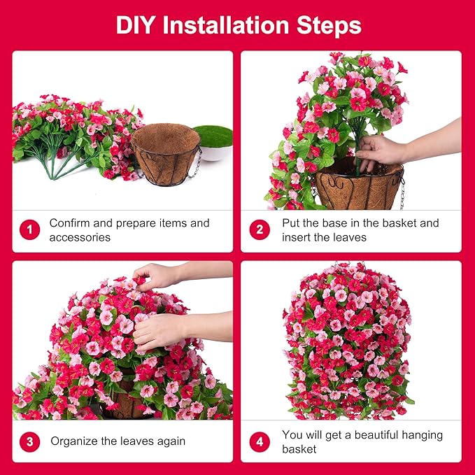 Artificial Flowers with Hanging Basket, Outdoor Faux Plants Silk Morning Glory Vines, Fake Green Arrangement for Garden Patio Spring Summer Decor(Hot Pink)