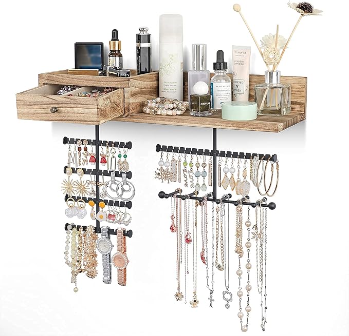 VINAEMO Jewelry Organizer Hanging Wall Mounted Jewelry Holder with Rustic Wood Drawer & Large Capacity Storage Shelf Rack Display for Earrings Rings Necklaces Bracelet