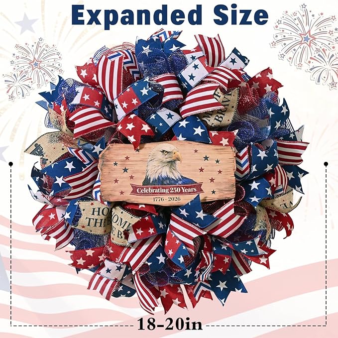 250th Anniversary Patriotic Wreath, 4th of July Wreaths for Front Door with Wooden Eagle Door Sign & Red White Blue Ribbon for Independence Day Memorial Day Patriotic Decorations(18In, 1Pcs)