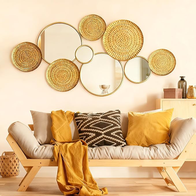 Gold Mirrors Wall Decor Metal Round Home Art Decor Decorative Modern Circle Mirror Wall Art Sculpture Hanging Decorations for Home Living Room Office