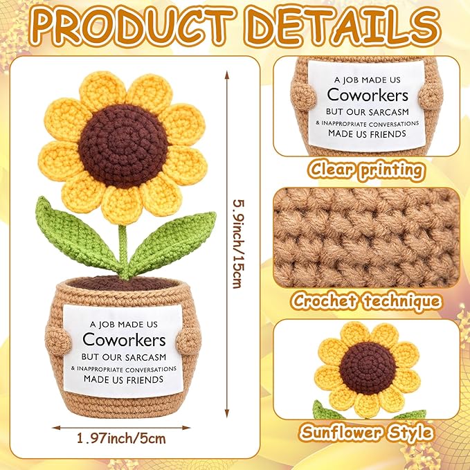 Wavwavw Coworker Leaving Gifts for Women Men, Positive Flower Doll Crochet with Card Funny Farewell Going Away Goodbye Gifts for Coworkers Employee Teacher Friends Retirement(Modern Style)