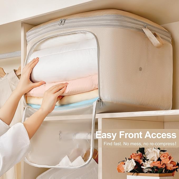 Comforter Storage Bag - 130L Blanket Storage Bags Front-opening Ultra Space Saving Self Compression Organizer, Washable Compression Bags for Storage Comforter Blanket, 2 Pack, Beige