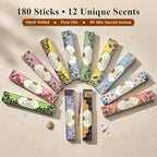 Tulasi Natural Incense Sticks Assorted/Variety Pack – 180 Hand-Rolled Sticks, 12 Fragrances | Lavender, White Sage, Sandalwood, Palo Santo, Rose | Aromatherapy & Meditation
