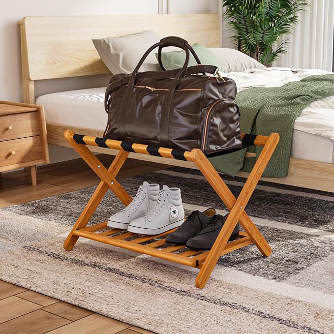 Smuxee Fully Assembled Honey Luggage Rack, Upgraded Bamboo Foldable Suitcase Stand with 5 Nylon Straps, Luggage Holder with Shelf for Guest Room Bedroom Hotel