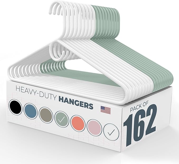 Neaties Heavy Duty Clothes Hangers 100+ Pack (162 Count) – Made in the USA – 8lb Capacity Plastic Hangers for Adult Clothing – Durable for Pants, Coats, Jackets, or Jeans – White & Mint