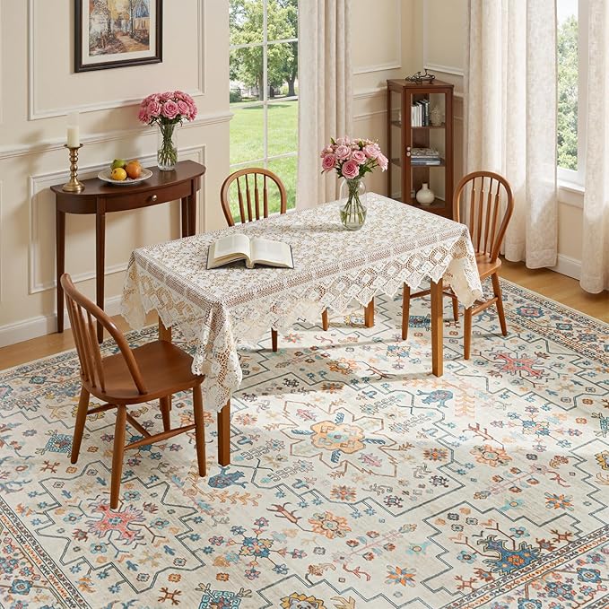 Lessymo Area Rugs 8x10 for Living Room, Soft Non-Slip Washable Rug for Bedroom Dining Home Office Nursery Room, Vintage Floral Large Carpet, Boho Colorful Pastel Farmhouse Decor, Multi/Ivory
