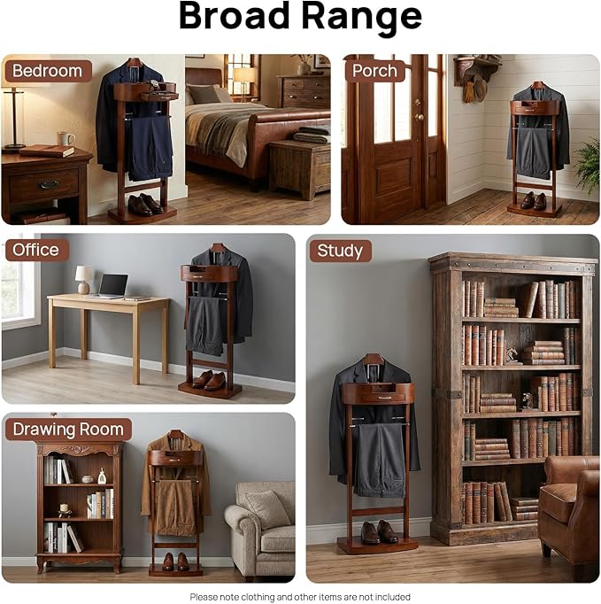 Wood Valet Stand, 42 Inch Freestanding Suit Rack Coat Stand with Trouser Bar and Tie Hooks for Entryway Bedroom Office, 22 lbs Capacity