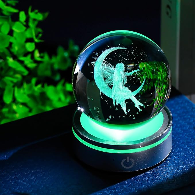 Movdyka 3D Crystal Ball Moon & Fairy Figurines Decor Gifts for Women Girls with Colorful LED Base, Laser Eatch Glass Fairy Statue Snow Globe Home Decor Crafts - 3.15"/8CM