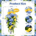 nuvagiki Summer Lemon Floral Teardrop Swag Set of 2, Blue Yellow Chinoiserie Lemon Front Door Decor, Floral Porch Swag for Farmhouse Entryway Wall Hanging Decorations